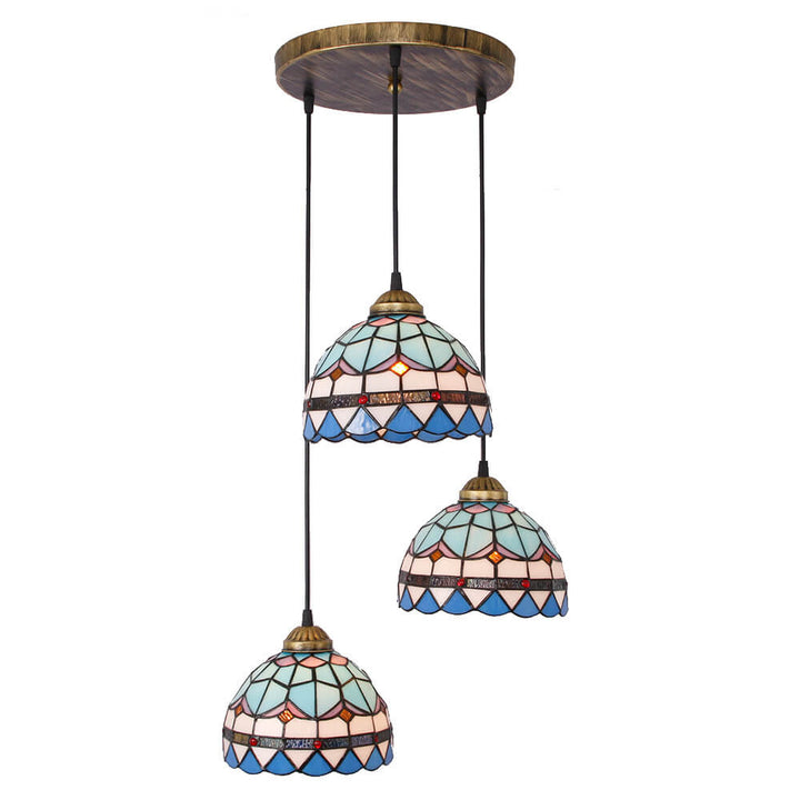 Lámpara colgante de isla de 3 luces con pantalla abovedada de vidrio Tiffany y hierro para sala de estar 