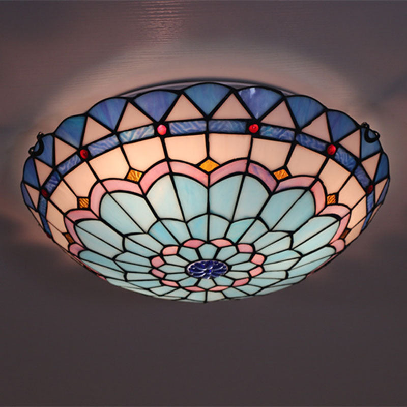 Traditionelle Tiffany Mittelmeer Runde Buntglas 3-Licht Unterputz Deckenleuchte für Wohnzimmer 