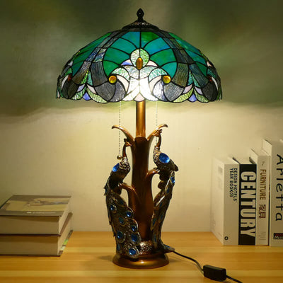 Vintage Tiffany Stained Glass Dome Peacock Base 2-Light Table Lamp