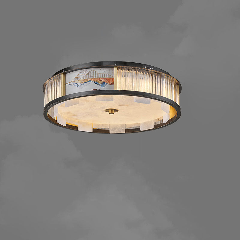 Traditional Chinese Marble Stainless Steel Copper Glass Rods Marble Round LED Flush Mount Ceiling Light For Living Room