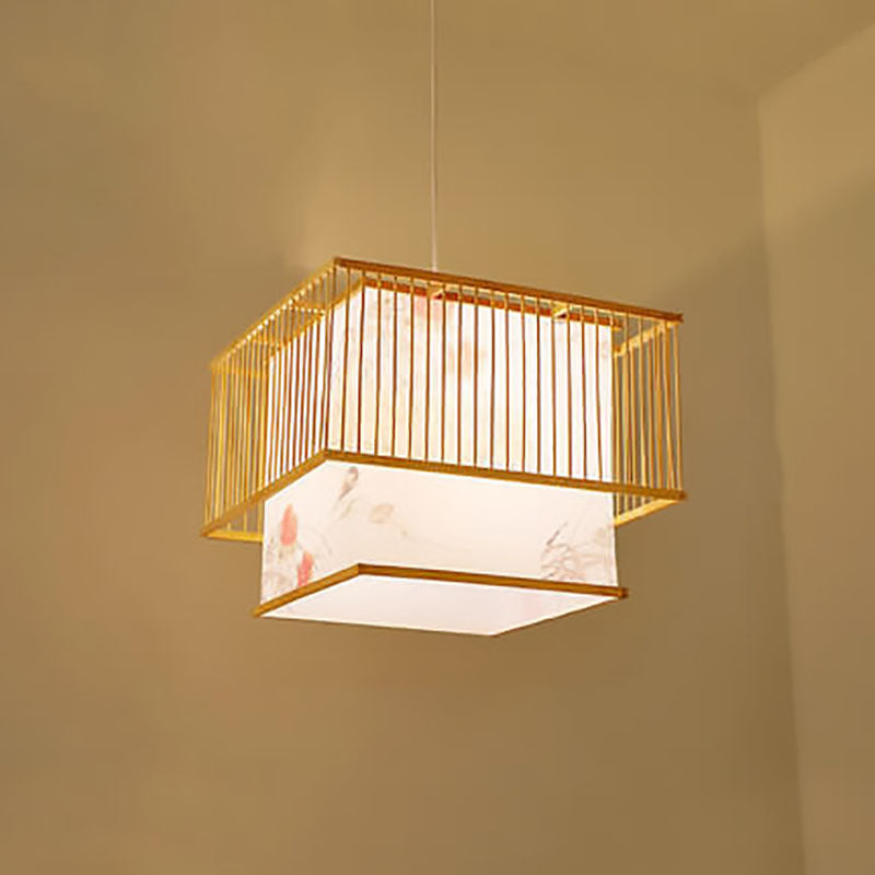 Moderne chinesische einfache Bambus quadratische 1-Licht Pendelleuchte 