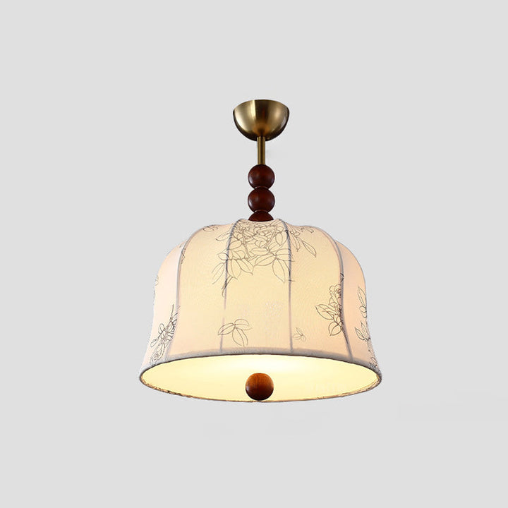 Lámpara colgante de 1 luz de tela floral redonda romántica francesa tradicional de madera y metal para dormitorio 