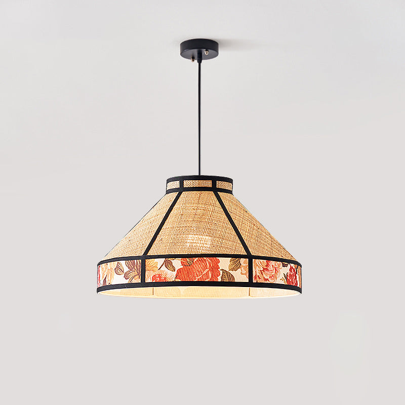 Zeitgenössische Vintage Runde Kegel Bast Hardware 1-Licht Pendelleuchte für Wohnzimmer 