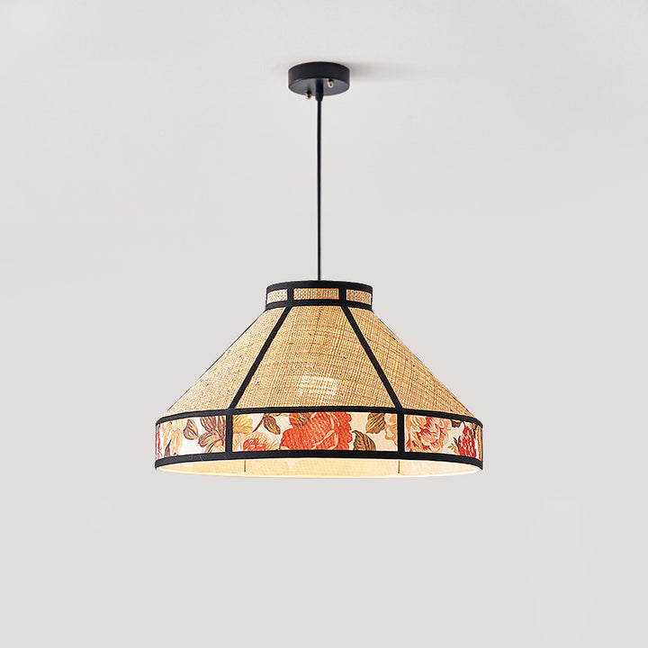 Zeitgenössische Vintage Runde Kegel Bast Hardware 1-Licht Pendelleuchte für Wohnzimmer 
