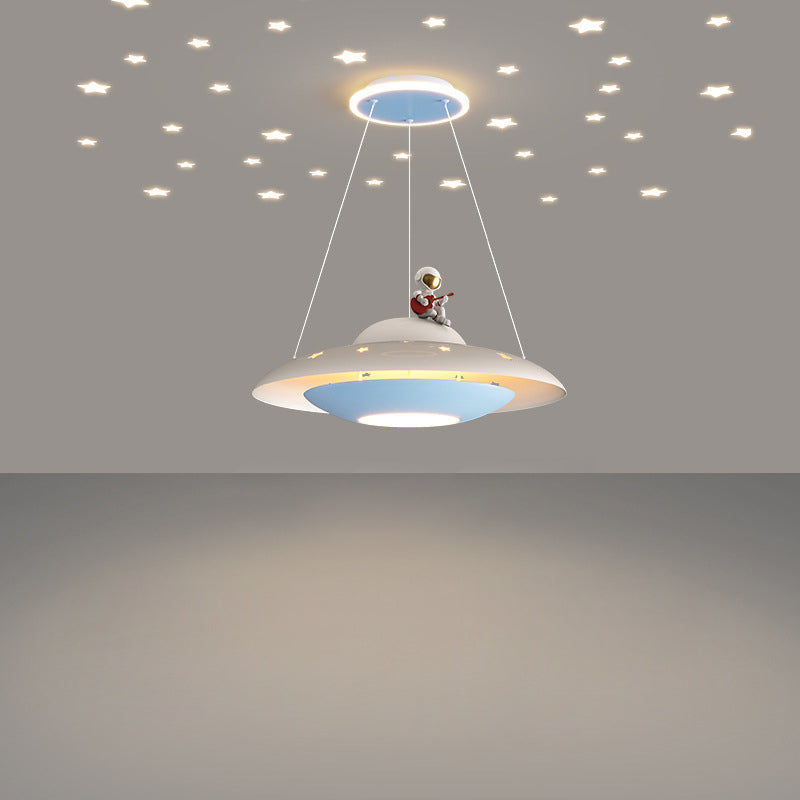 Moderne Art Deco Kinder Eisen Acryl UFO Raumschiff Astronaut Runde LED Pendelleuchte Für Schlafzimmer 