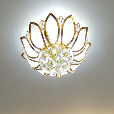 Lustre Moderne de Luxe Doré Glamour avec Base en Verre Dépoli Lotus et Perles de Cristal 4/6 Lumières Plafonnier pour Salon 