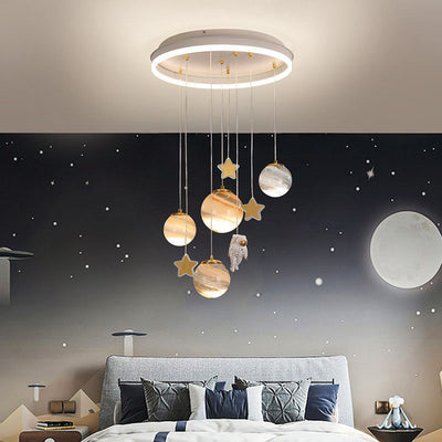 Contemporary Scandinavian Space Planet Acrylic Glass Round Shade LED Kids Flush Mount Ceiling Light For Bedroom