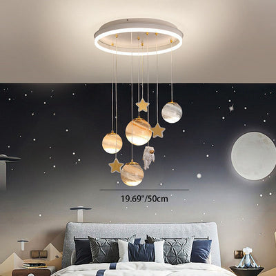 Contemporary Scandinavian Space Planet Acrylic Glass Round Shade LED Kids Flush Mount Ceiling Light For Bedroom