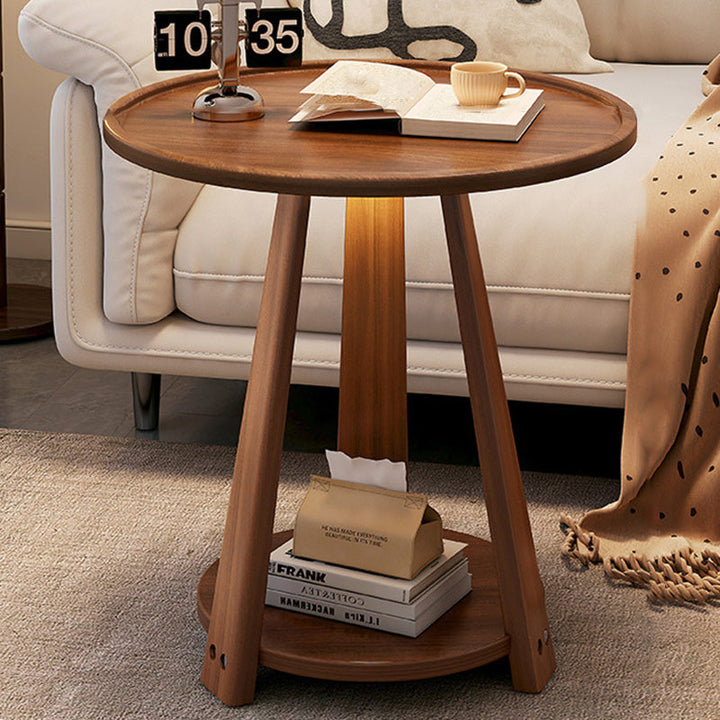 Modern Minimalist Round Tripod Rubberwood Coffee Table 2-Tier For Living Room