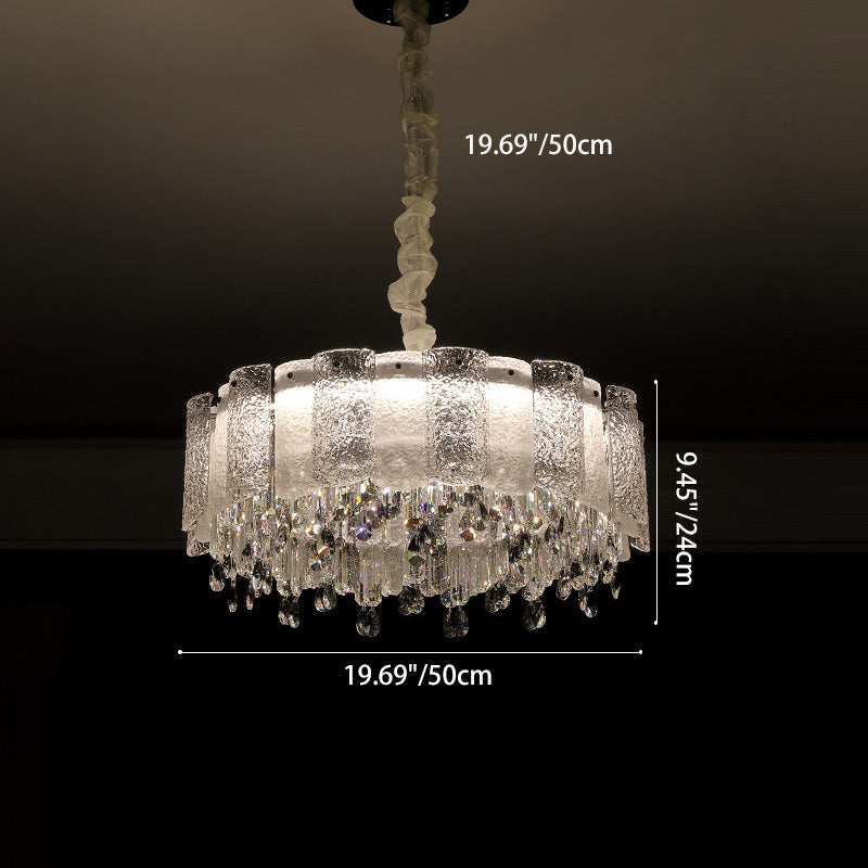 Traditionelle französische runde Ripple-Metallkristallglas-LED-Kronleuchter für Wohnzimmer 