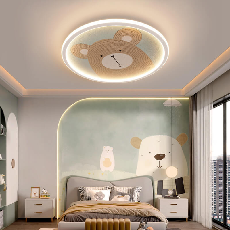 Modern Minimalist Round Cartoon Animal Aluminum Hardware PVC Flush Mount Ceiling Light For Bedroom