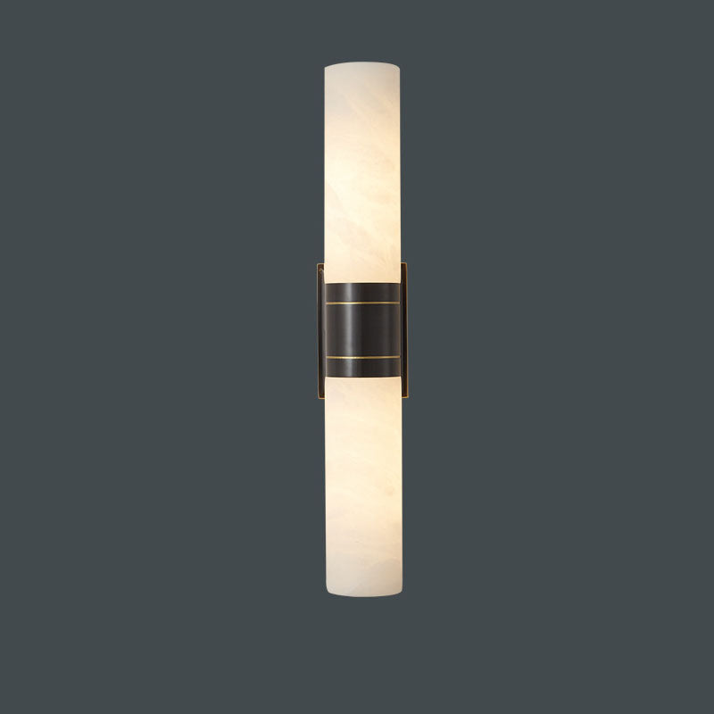 Traditionelle chinesische Vollkupfer-Marmor-Zylinderschirm-2-Licht-Wandleuchterlampe für Wohnzimmer 