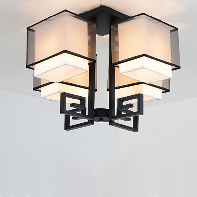 Modern Chinese Fabric Square Geometric Hardware 4-Light Semi-Flush Mount Ceiling Light