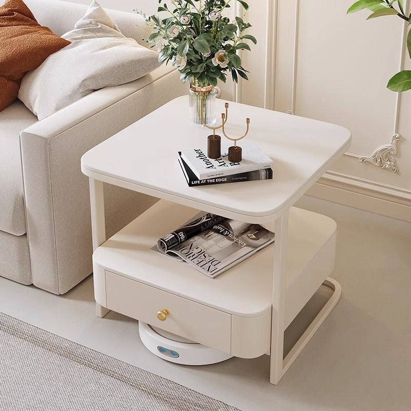 Mesa auxiliar contemporánea nórdica cuadrada de vidrio, metal y madera de 2 niveles para sala de estar 