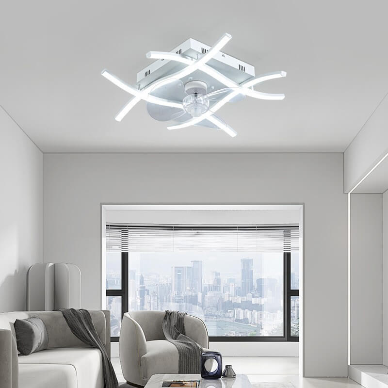 Modern Minimalist Square Aluminum Corrugated Inverter LED Flush Mount Ceiling Fan Light