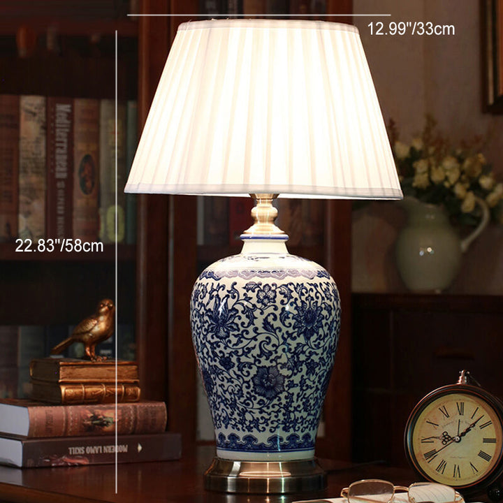 Traditional Chinese Ceramic Fabric Electroplated Antique Brass Finish Vase Cone 1-Light Table Lamp For Home Office