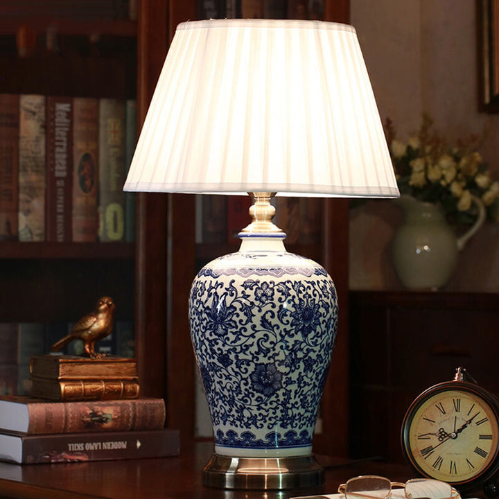 Traditional Chinese Ceramic Fabric Electroplated Antique Brass Finish Vase Cone 1-Light Table Lamp For Home Office