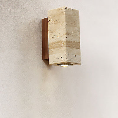Japanischer Wabi-Sabi Runder Quadrat Gelber Travertin Gummi Holz 1-Licht Spotlight Wandleuchte 