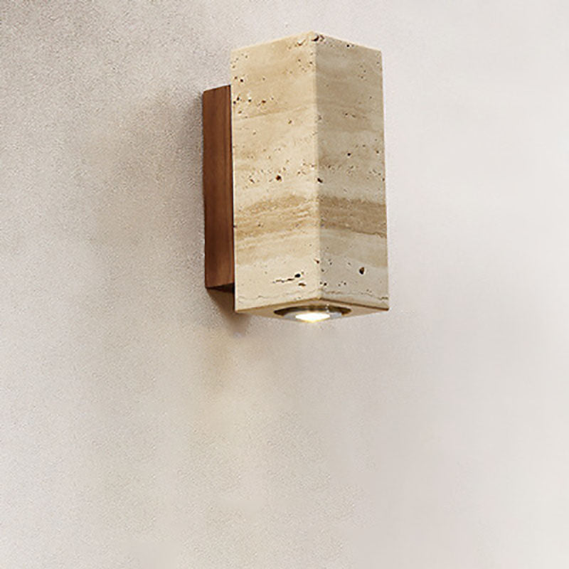 Japanischer Wabi-Sabi Runder Quadrat Gelber Travertin Gummi Holz 1-Licht Spotlight Wandleuchte 