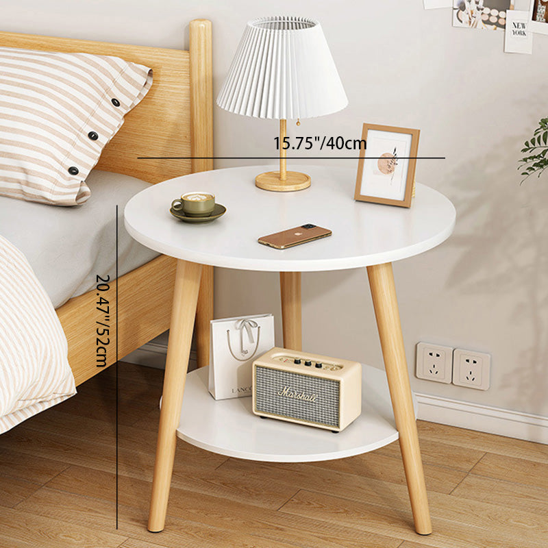 Table basse en bois moderne minimaliste avec plateau rond et base triangulaire à deux niveaux pour salon 