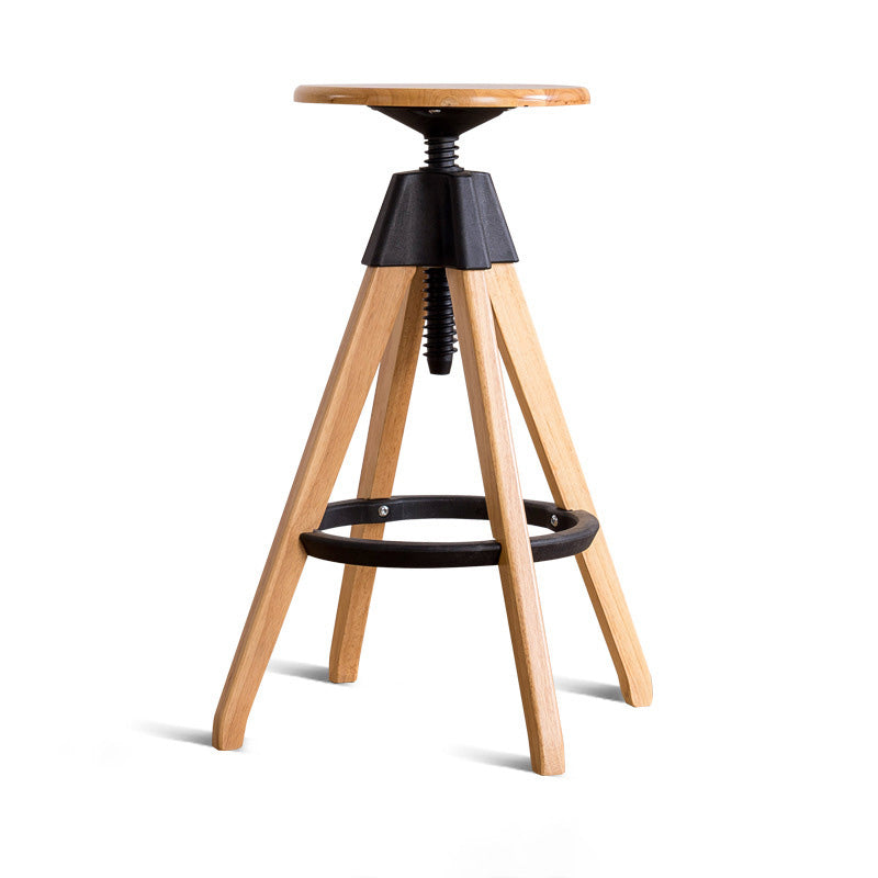 Traditioneller Vintage-Thekenhocker aus Gummibaumholz, rund, mit höhenverstellbarer Nylon-Gewindestange, drehbar, mit Fußstütze, für die Küche 