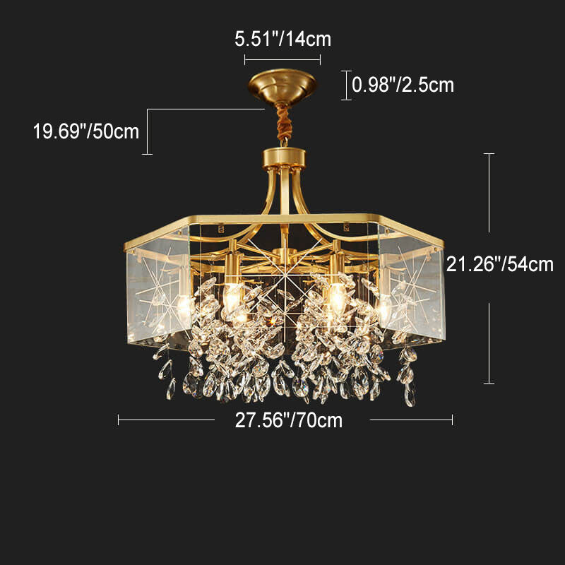 Nordic Light Luxury Hexagonal Brass Teardrop Crystal Shade 6-Light Chandelier