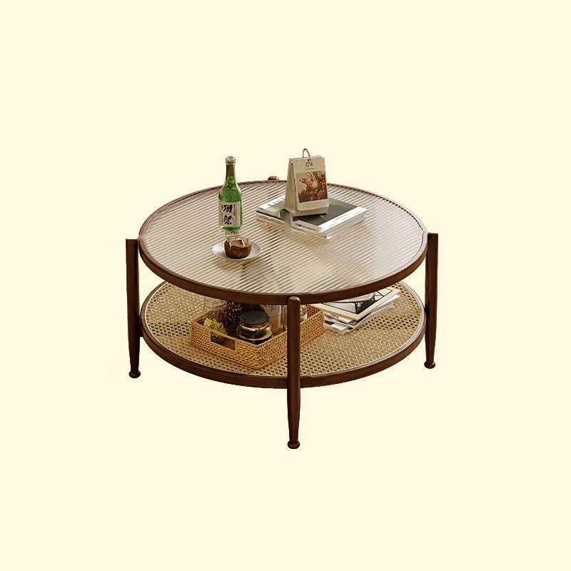 Traditioneller japanischer runder Glastisch aus Rattan und massivem Holz mit 2 Ebenen für das Wohnzimmer 