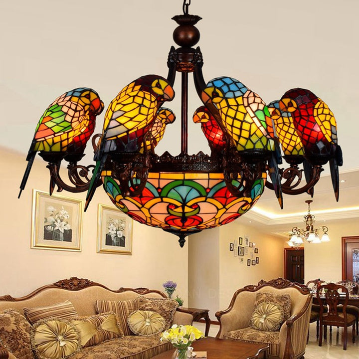 Dôme en verre métallique traditionnel Tiffany Parrot 11 lumières lustres pour salon 