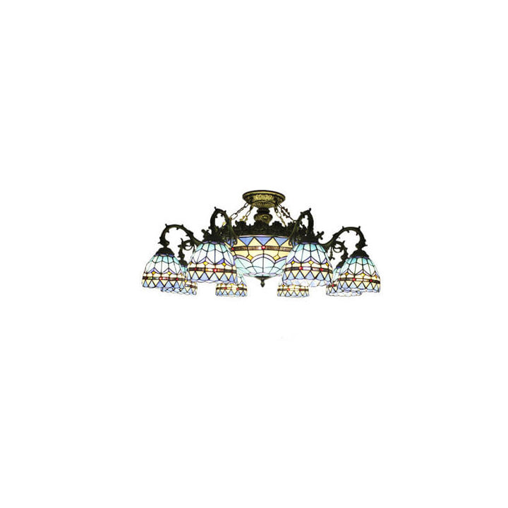 Tiffany Retro Beige Barock Buntglas 11-Licht Semi-Flush Mount Deckenleuchte 