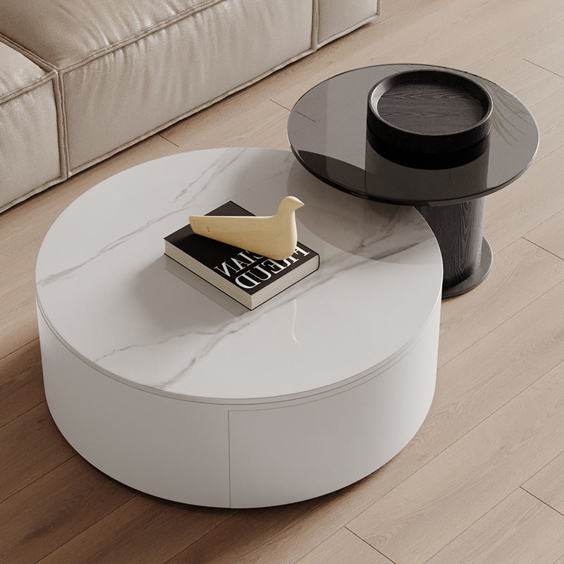 Modern Minimalist Round Plywood Metal Glass Coffee Table Set 2-Drawer For Living Room