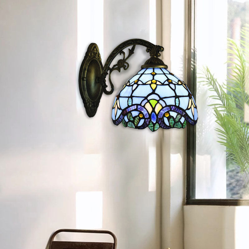 Applique murale traditionnelle Tiffany en verre de fer avec base de sirène demi-globe 1 lumière pour chambre à coucher 