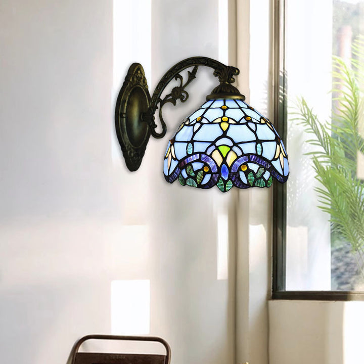 Applique murale traditionnelle Tiffany en verre de fer avec base de sirène demi-globe 1 lumière pour chambre à coucher 