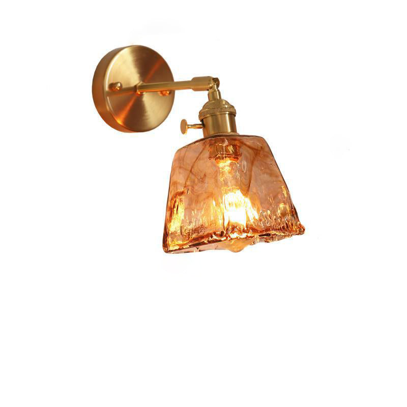 Modern Minimalist Eclectic Amber Glass Brass Iron Geometric 1-Light Wall Sconce Lamp For Living Room