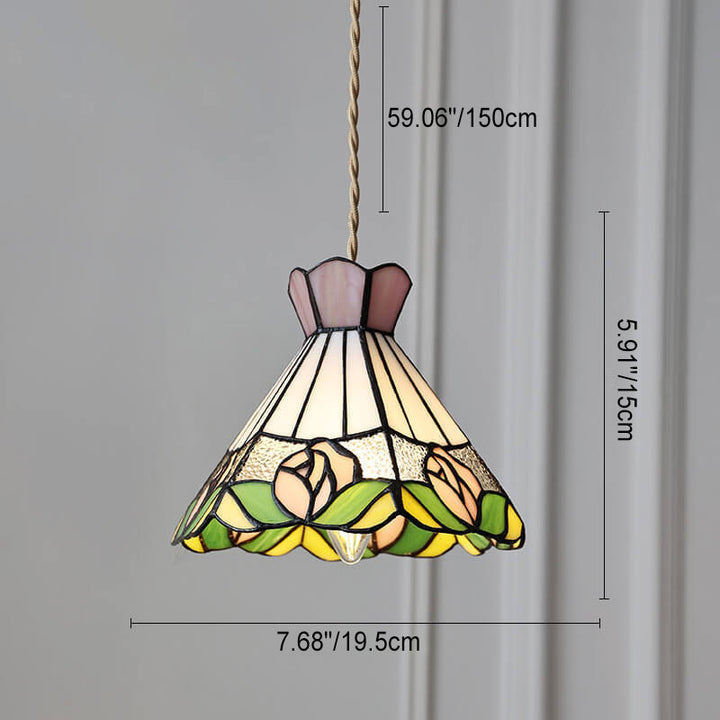 Vintage Tiffany Rose Flower Conical Stained Glass 1-Light Pendant Light