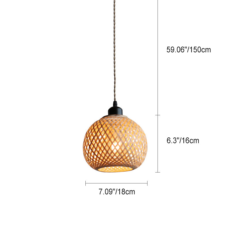 Traditional Chinese Round Bamboo Rattan Sphere 1-Light Pendant Light For Living Room