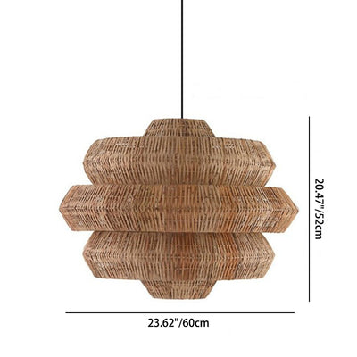 Zeitgenössischer Boho-Kronleuchter mit mehrschichtigem, rundem Rattan-Gewebe und 1 Licht für das Wohnzimmer 