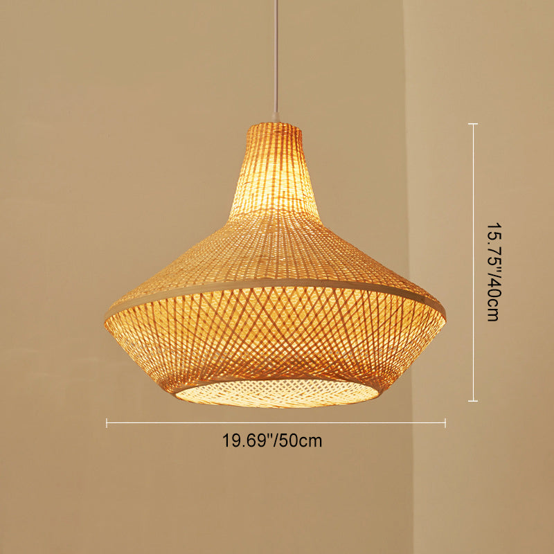 Lustre suspendu à 1 lumière en bambou tissé rond chinois traditionnel pour salles de divertissement 