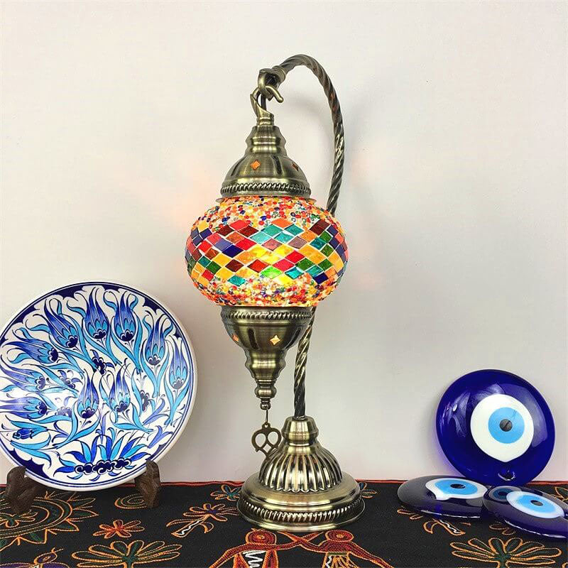 Traditional Vintage Handmade Stained Glass Metal Jar Swan 1-Light Table Lamp for Living Room