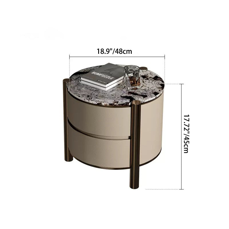 Modern Luxury Round Tabletop Marble Plywood Stainless Steel Microfiber Leather Nightstand 2-Drawer For Bedroom