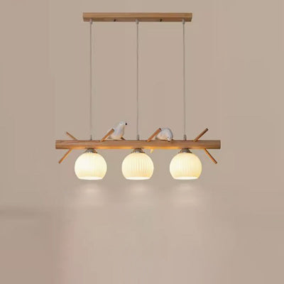 Lámpara de araña de 3 luces con pantalla redonda de vidrio y tiras de madera tradicional japonesa para sala de estar 