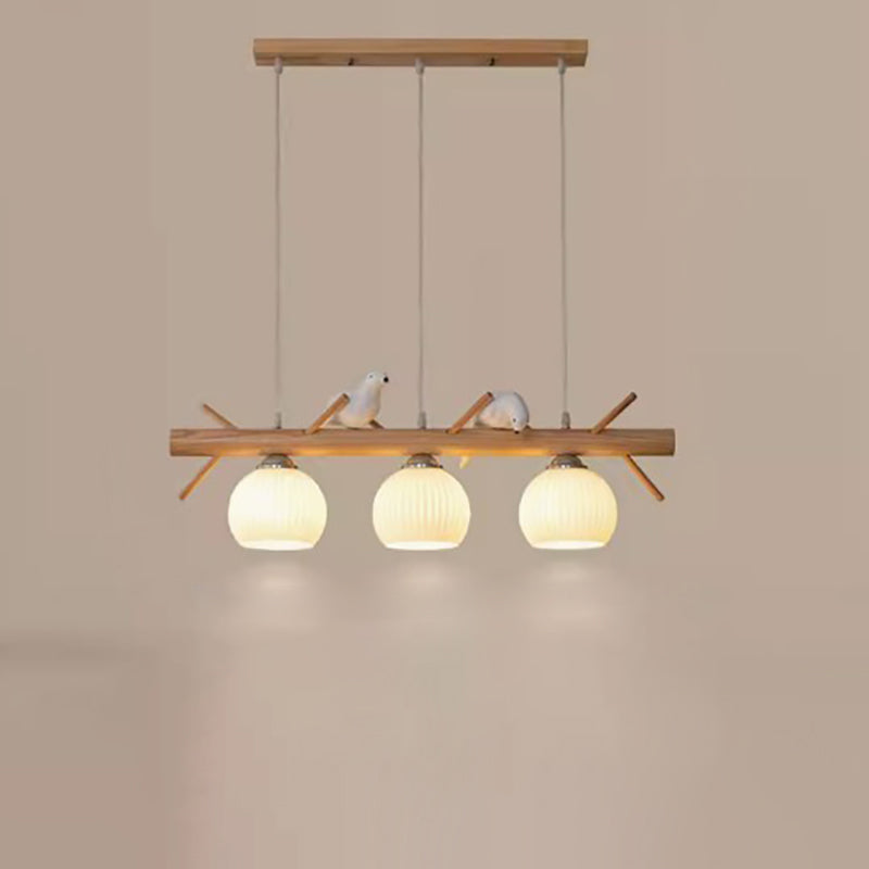 Lámpara de araña de 3 luces con pantalla redonda de vidrio y tiras de madera tradicional japonesa para sala de estar 