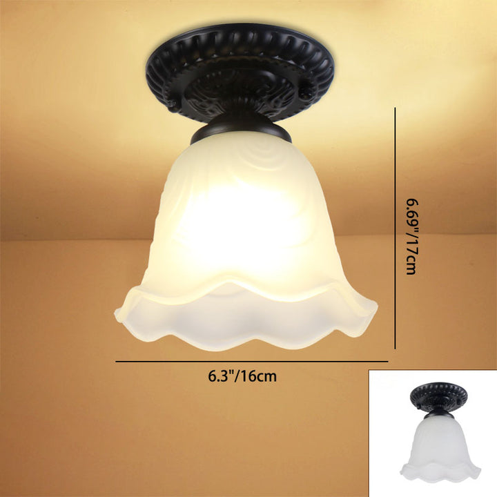 Plafonnier semi-encastré à 1 lumière en verre et fer rond à fleurs rétro contemporain pour couloir 