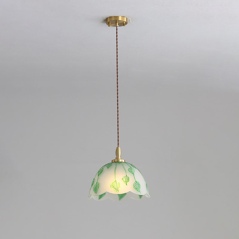 Traditionelle französische Pendelleuchte mit Schale und Blättern, Kupferglas, 1 Licht, für Esszimmer 