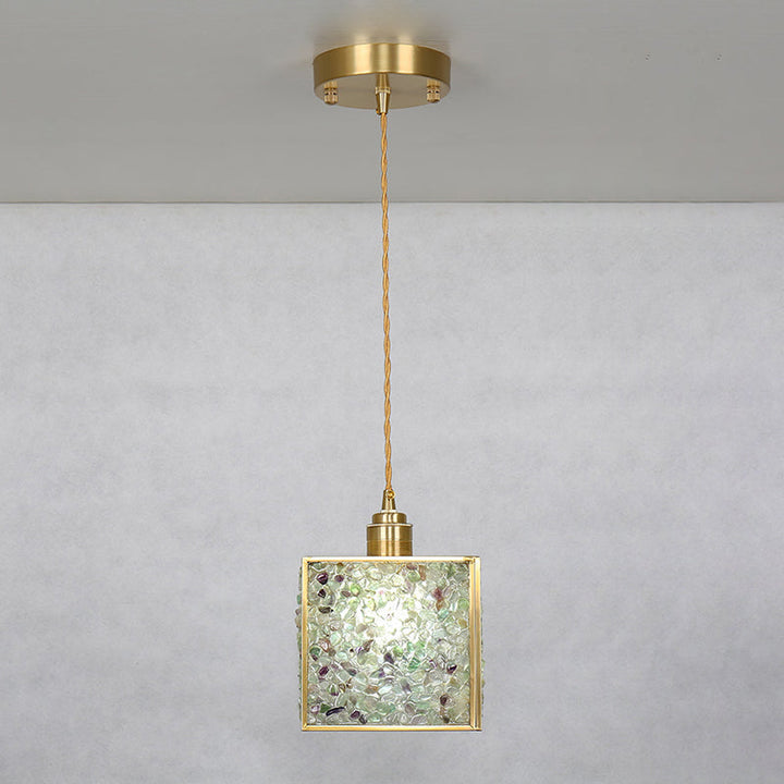 Suspension Luminaire 1-Lumière Moderne de Luxe Carré Cube Cadre en Or Cuivre Abat-jour en Verre Pour Salon 
