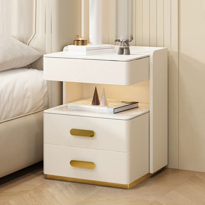 Contemporary Luxury Rectangular Rock Slab Plywood Pine Microfiber Leather Nightstand 2-Drawer For Bedroom