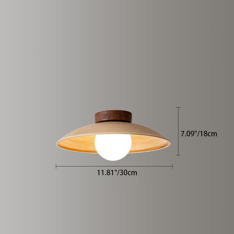 Traditional Japanese Woodgrain Disc Glass Shade 1-Light Semi-Flush Mount Ceiling Light For Hallway