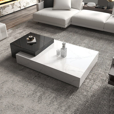 Mesa de café de madera rectangular cuadrada minimalista moderna con placa de piedra y 4 cajones para sala de estar 