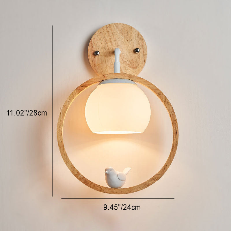 Zeitgenössische skandinavische runde Vogel Holz Glas 1-Licht Wandleuchte Lampe für Schlafzimmer 