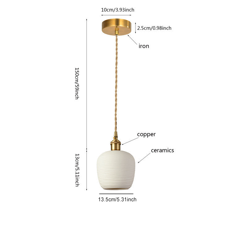 Lustre suspendu en céramique à rayures cylindriques irrégulières nordiques contemporaines avec cuivre et 1 lumière pour salon 