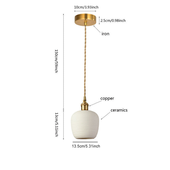 Lustre suspendu en céramique à rayures cylindriques irrégulières nordiques contemporaines avec cuivre et 1 lumière pour salon 